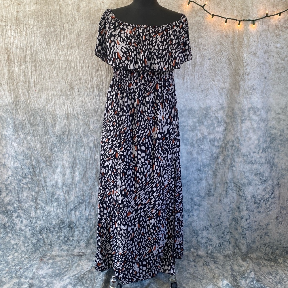 🪩Elegant Black White and orange Maxi Dress🖤🤍🧡